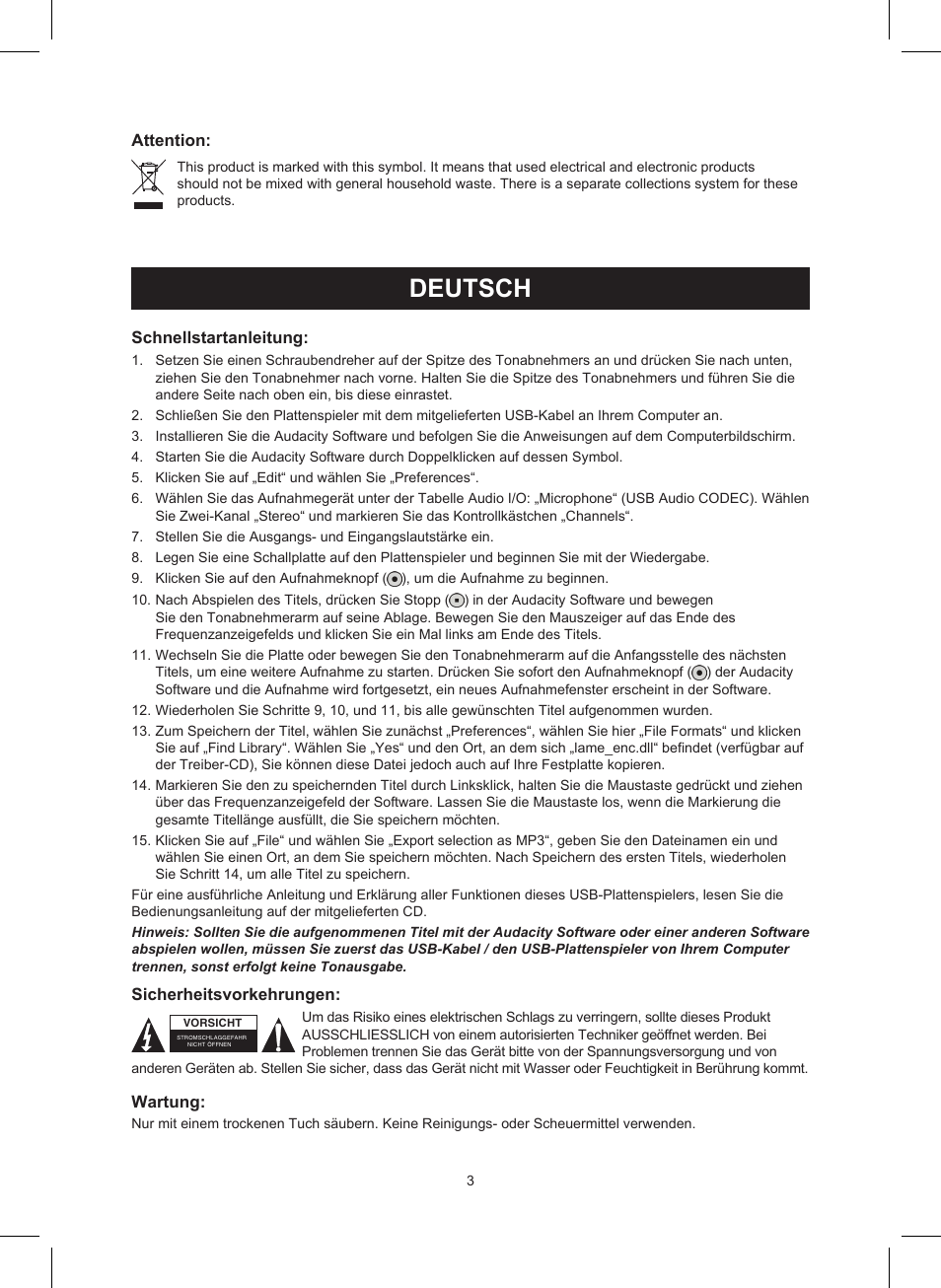 Deutsch, Anleitung (s. 3), Usb-plattenspieler | Konig Electronic USB turntable User Manual | Page 3 / 19