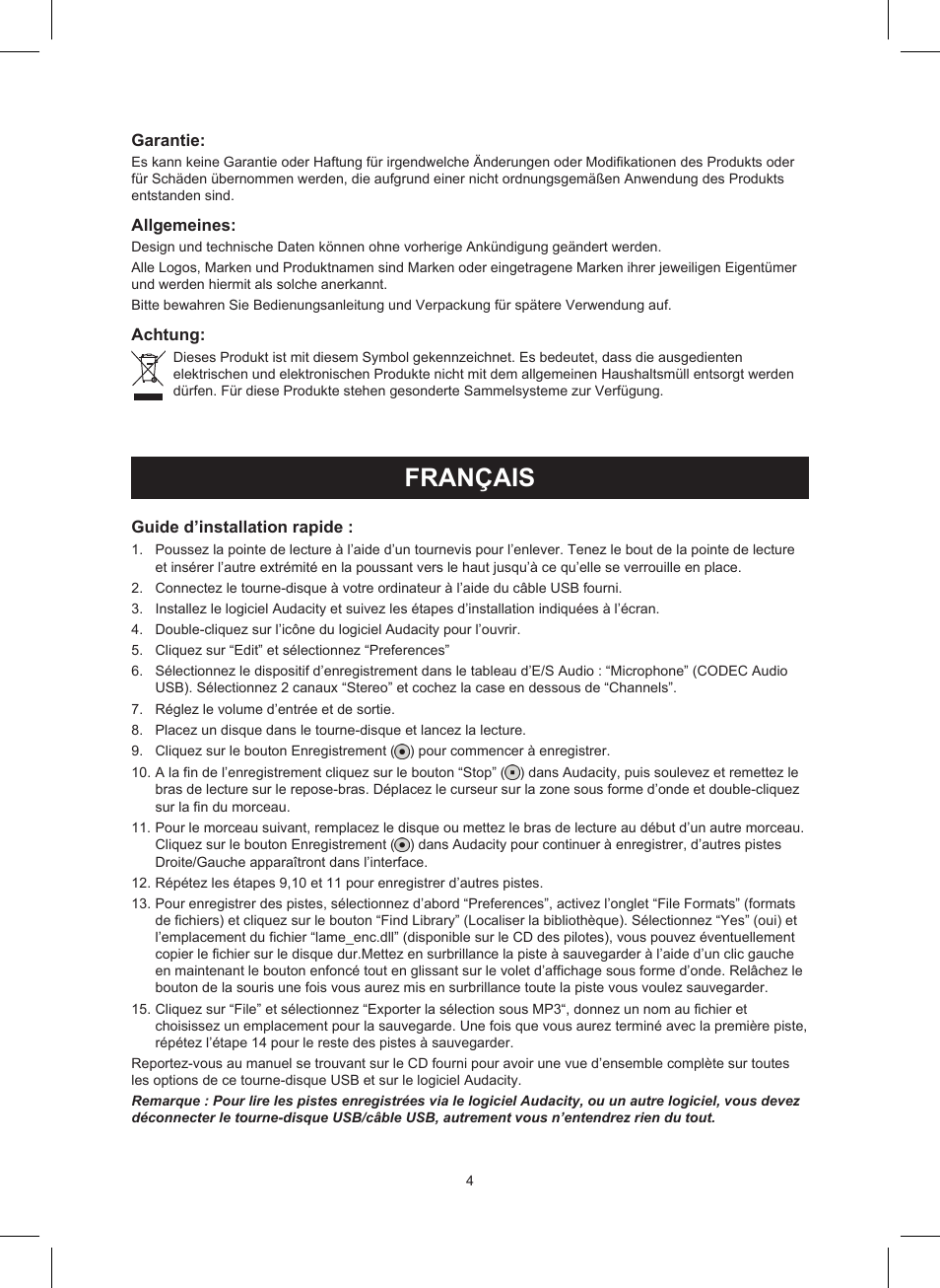 Français, Mode d’emploi (p. 4), Tourne-disque usb | Konig Electronic USB turntable User Manual | Page 4 / 19