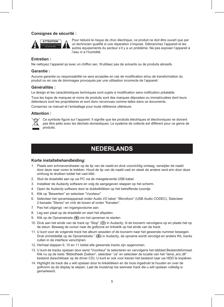 Nederlands, Gebruiksaanwijzing (p. 5), Usb draaitafel | Konig Electronic USB turntable User Manual | Page 5 / 19