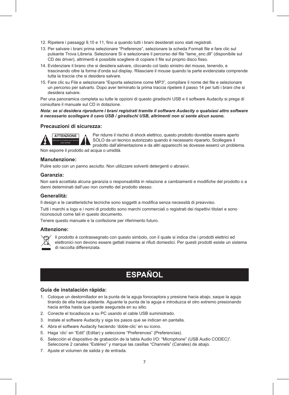 Español, Manual de uso (p. 7), Tocadiscos usb | Konig Electronic USB turntable User Manual | Page 7 / 19