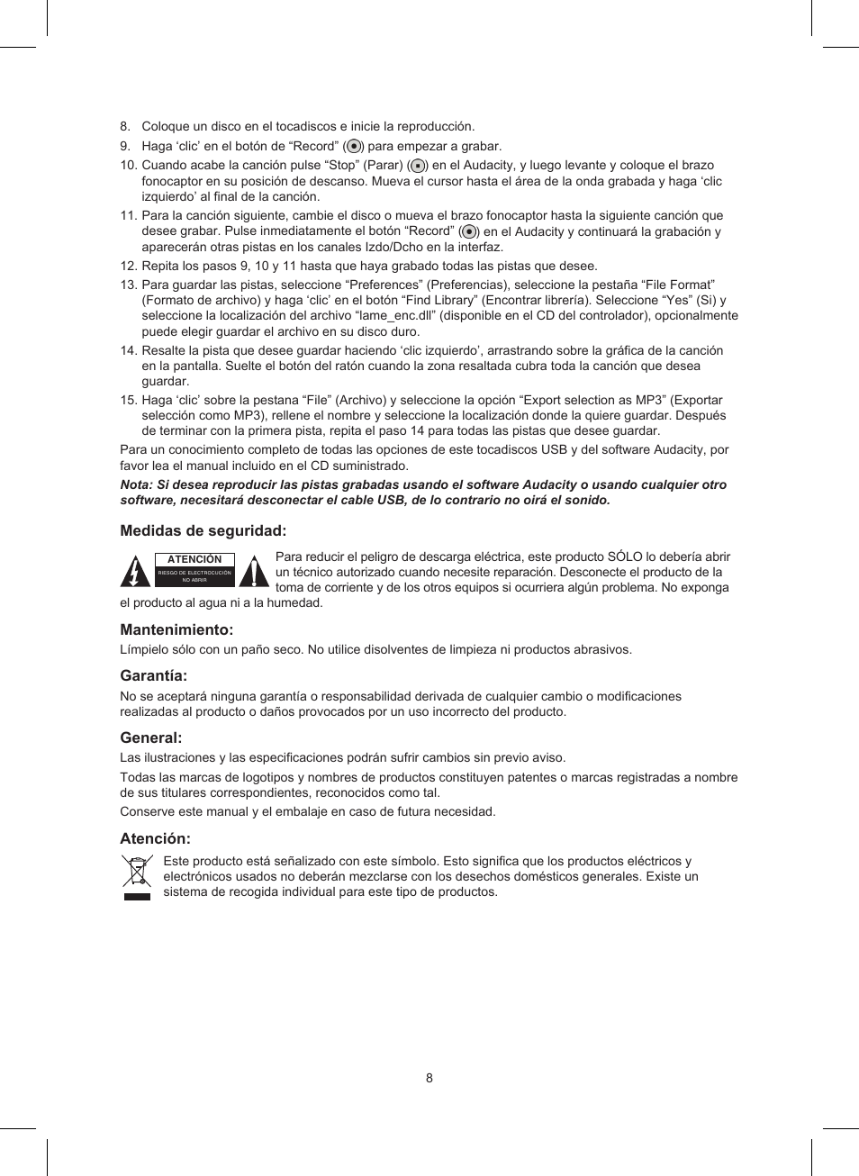 Konig Electronic USB turntable User Manual | Page 8 / 19