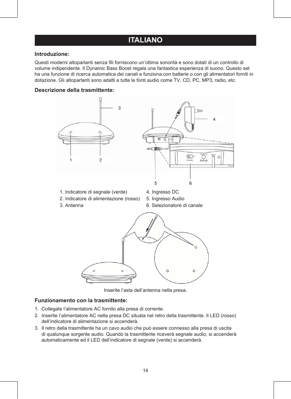 Italiano, Manuale (p. 14), Altoparlanti senza fili | Konig Electronic Wireless RF speakers User Manual | Page 14 / 44