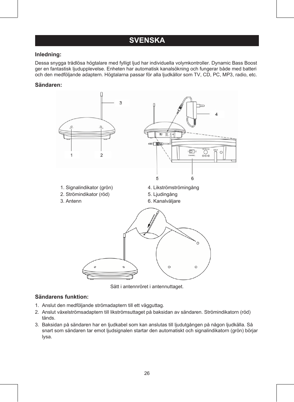 Svenska, Bruksanvisning (s. 26), Trådlösa högtalare | Konig Electronic Wireless RF speakers User Manual | Page 26 / 44