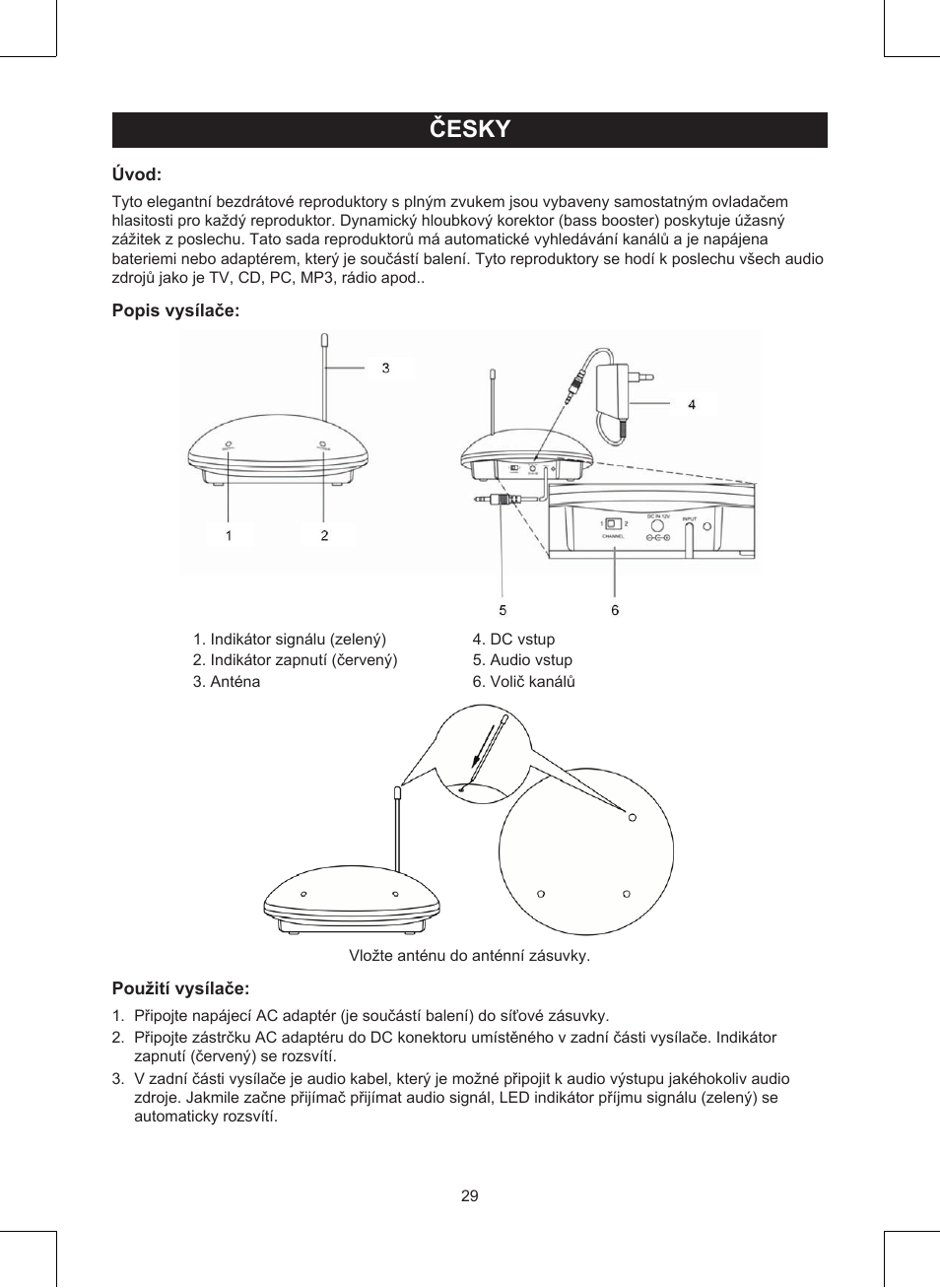 Česky, Návod k použití (s. 29), Bezdrátové reproduktory | Konig Electronic Wireless RF speakers User Manual | Page 29 / 44