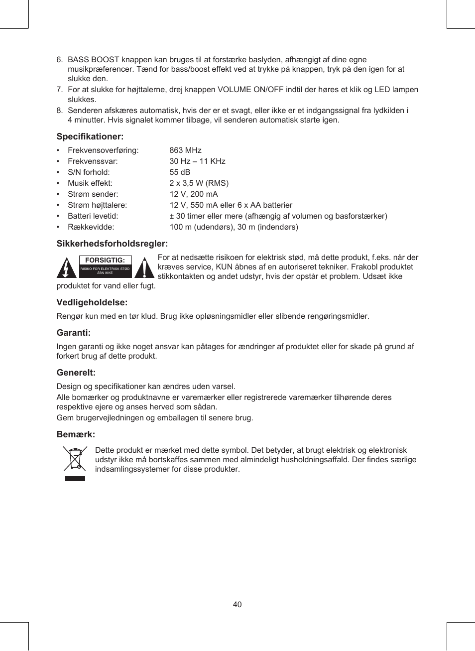 Konig Electronic Wireless RF speakers User Manual | Page 40 / 44