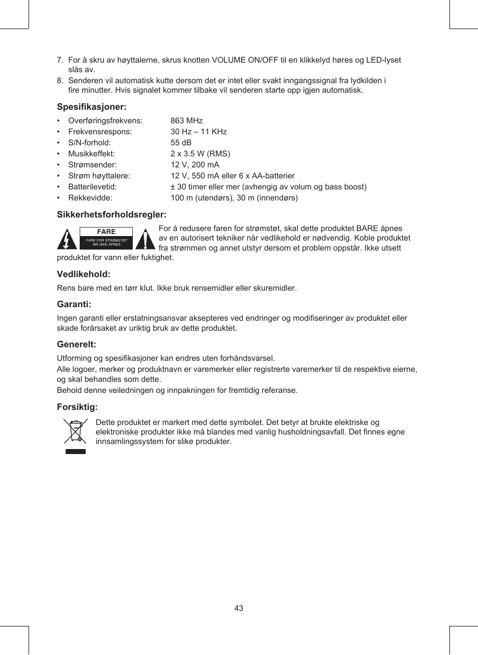 Konig Electronic Wireless RF speakers User Manual | Page 43 / 44