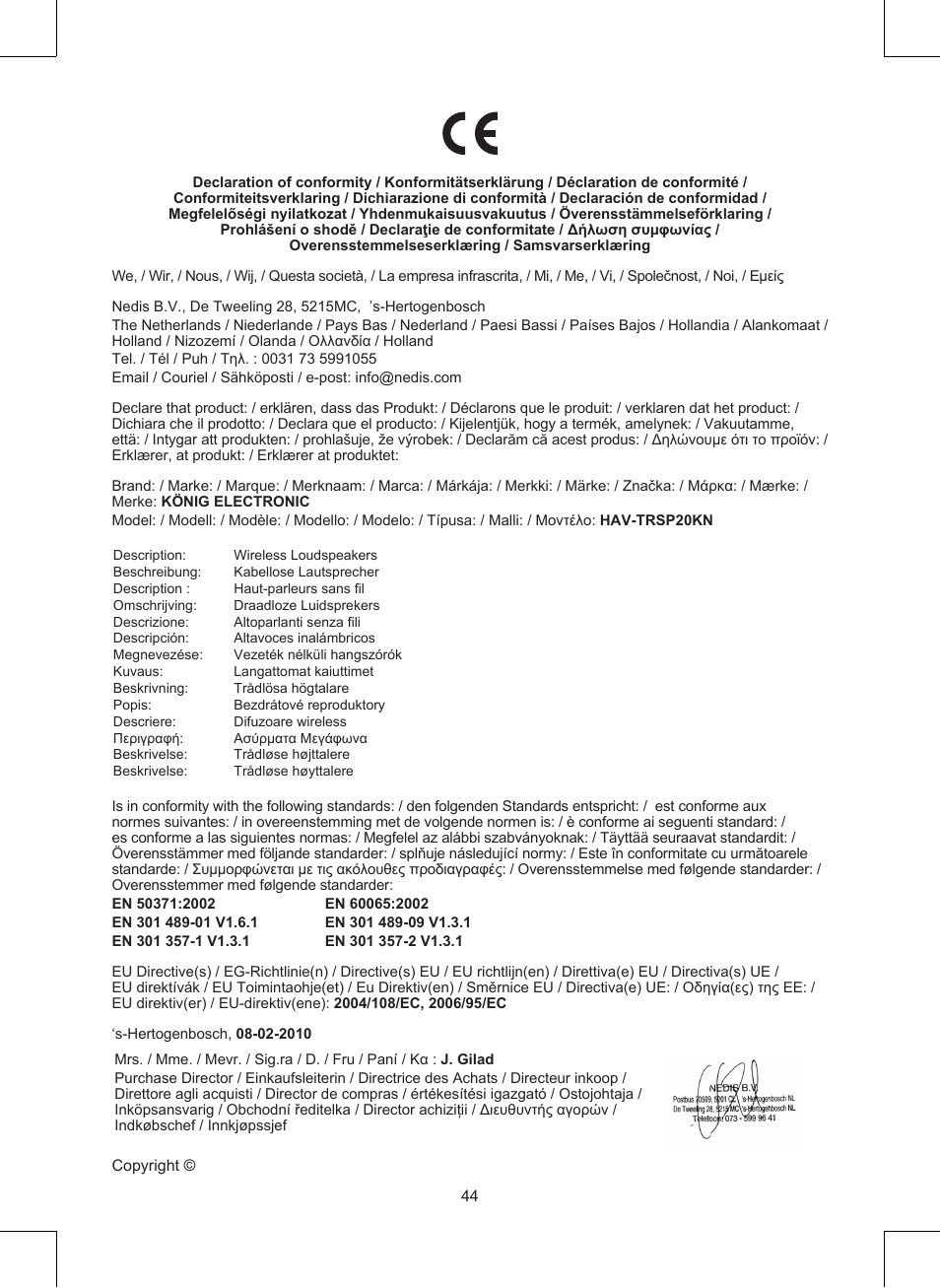 Konig Electronic Wireless RF speakers User Manual | Page 44 / 44