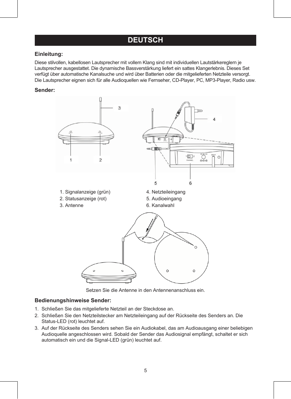 Deutsch, Anleitung (s. 5), Kabellose lautsprecher | Konig Electronic Wireless RF speakers User Manual | Page 5 / 44