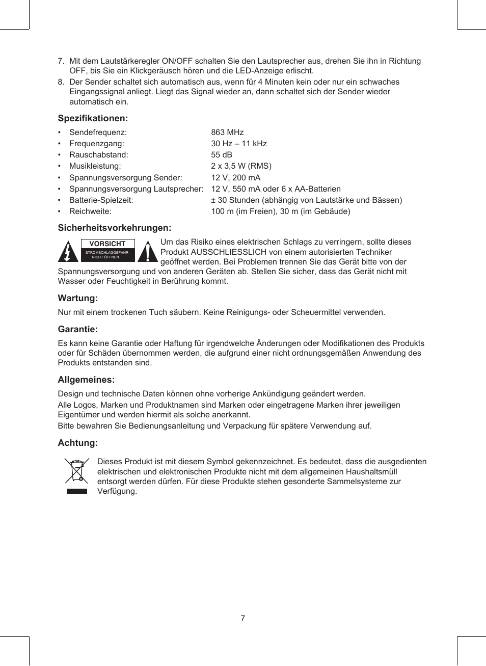 Konig Electronic Wireless RF speakers User Manual | Page 7 / 44