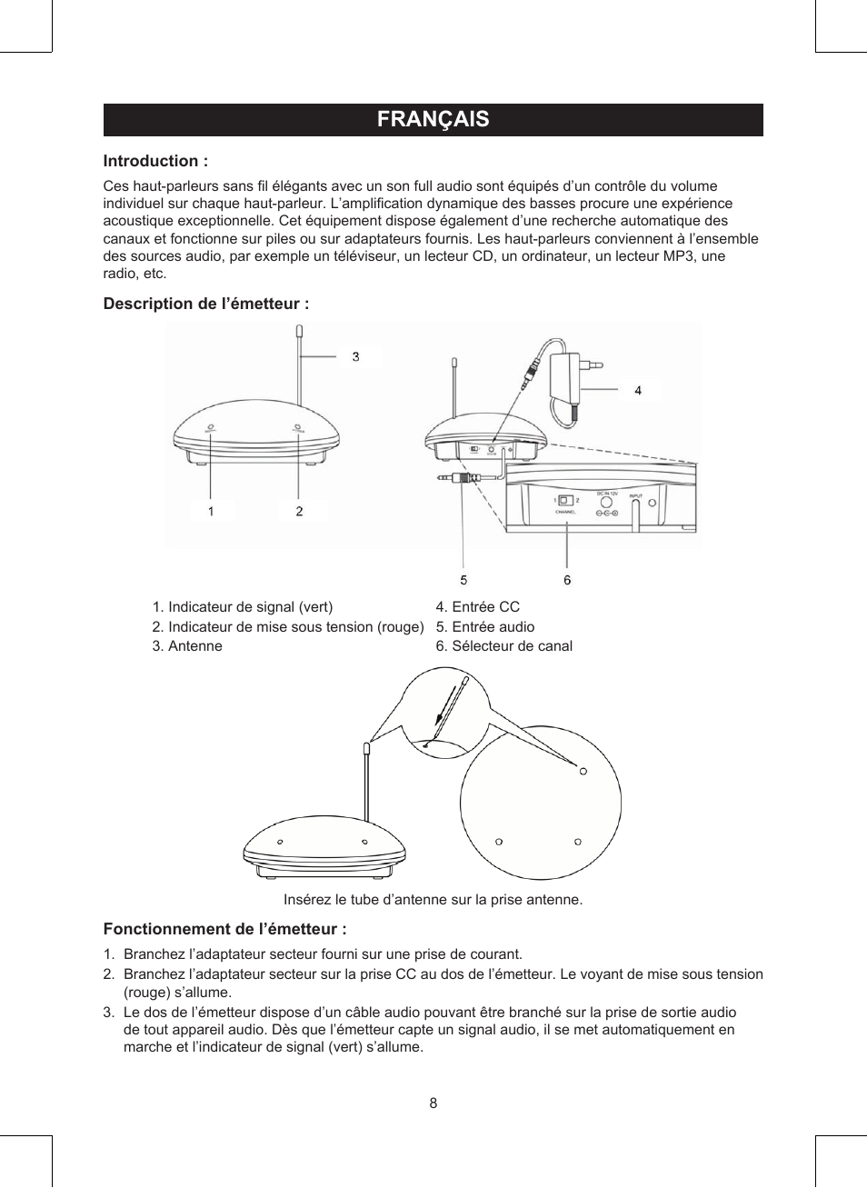 Français, Mode d’emploi (p. 8), Haut-parleurs sans fil | Konig Electronic Wireless RF speakers User Manual | Page 8 / 44