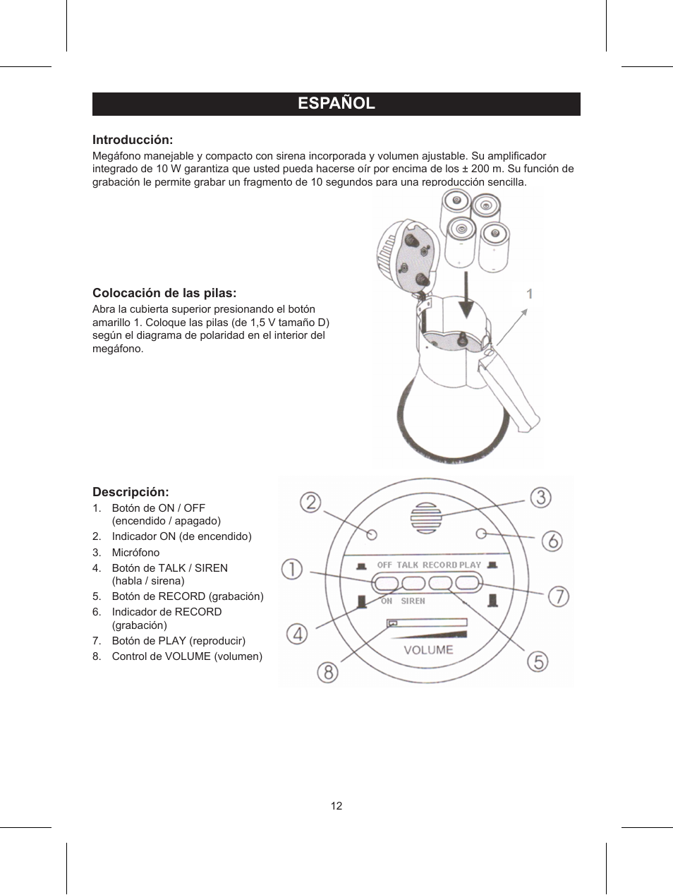 Español, Manual de uso (p. 12), Megáfono de 10 w | Konig Electronic Wireless RF speakers User Manual | Page 12 / 31