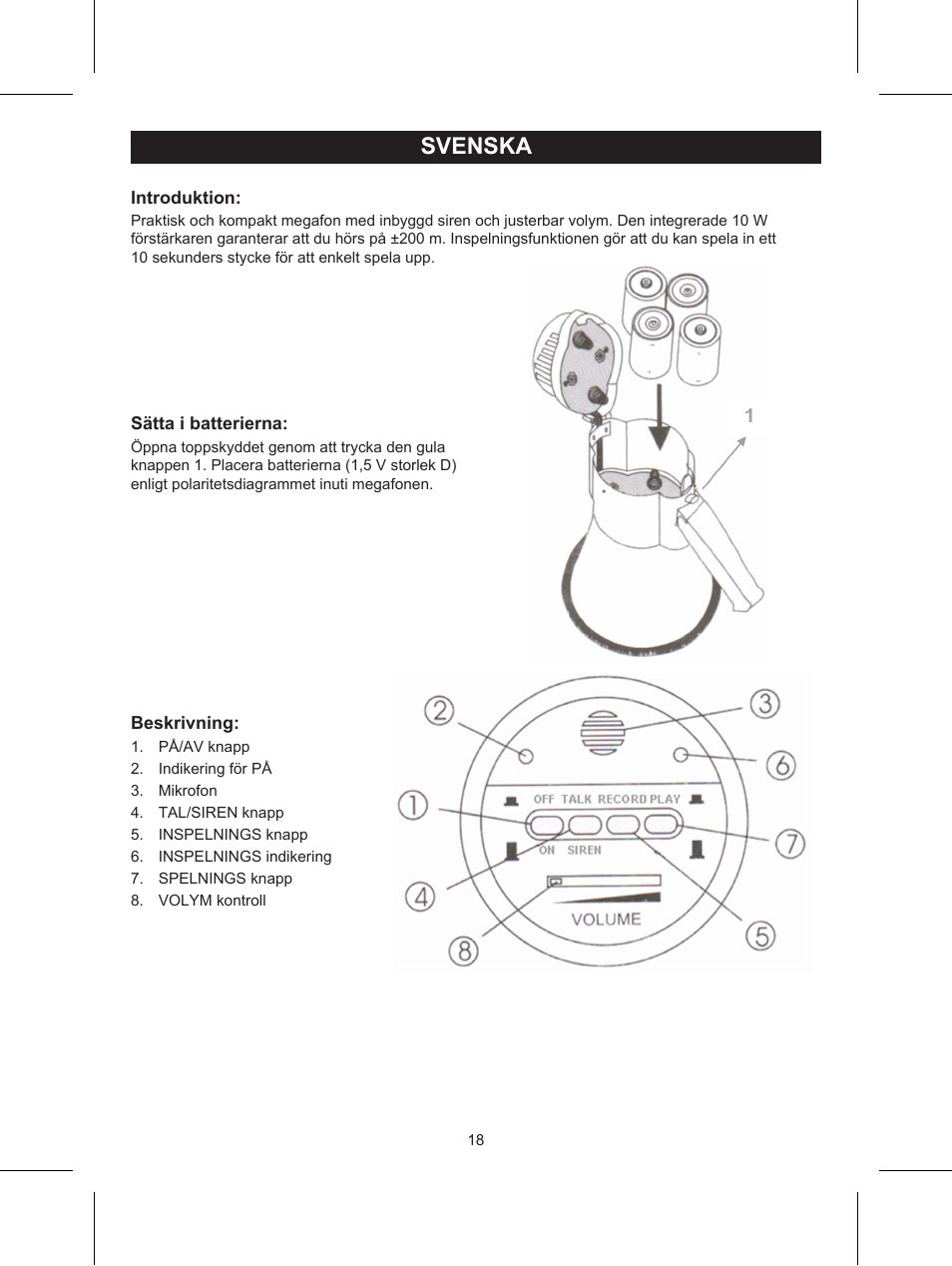 Svenska, Bruksanvisning (s. 18), 10 w megafon | Konig Electronic Wireless RF speakers User Manual | Page 18 / 31