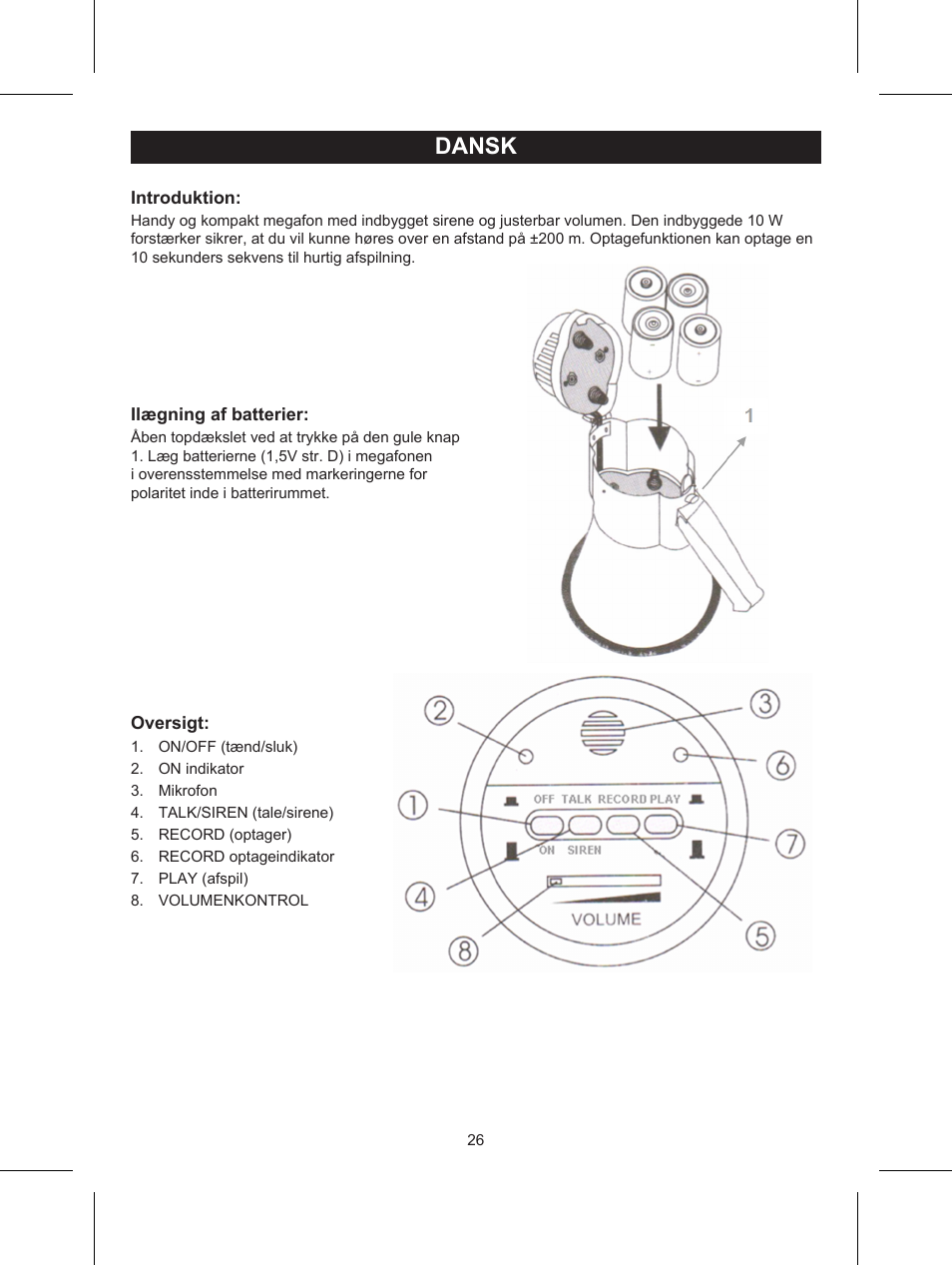 Dansk, Brugervejledning (p. 26), 10 w megafon | Konig Electronic Wireless RF speakers User Manual | Page 26 / 31