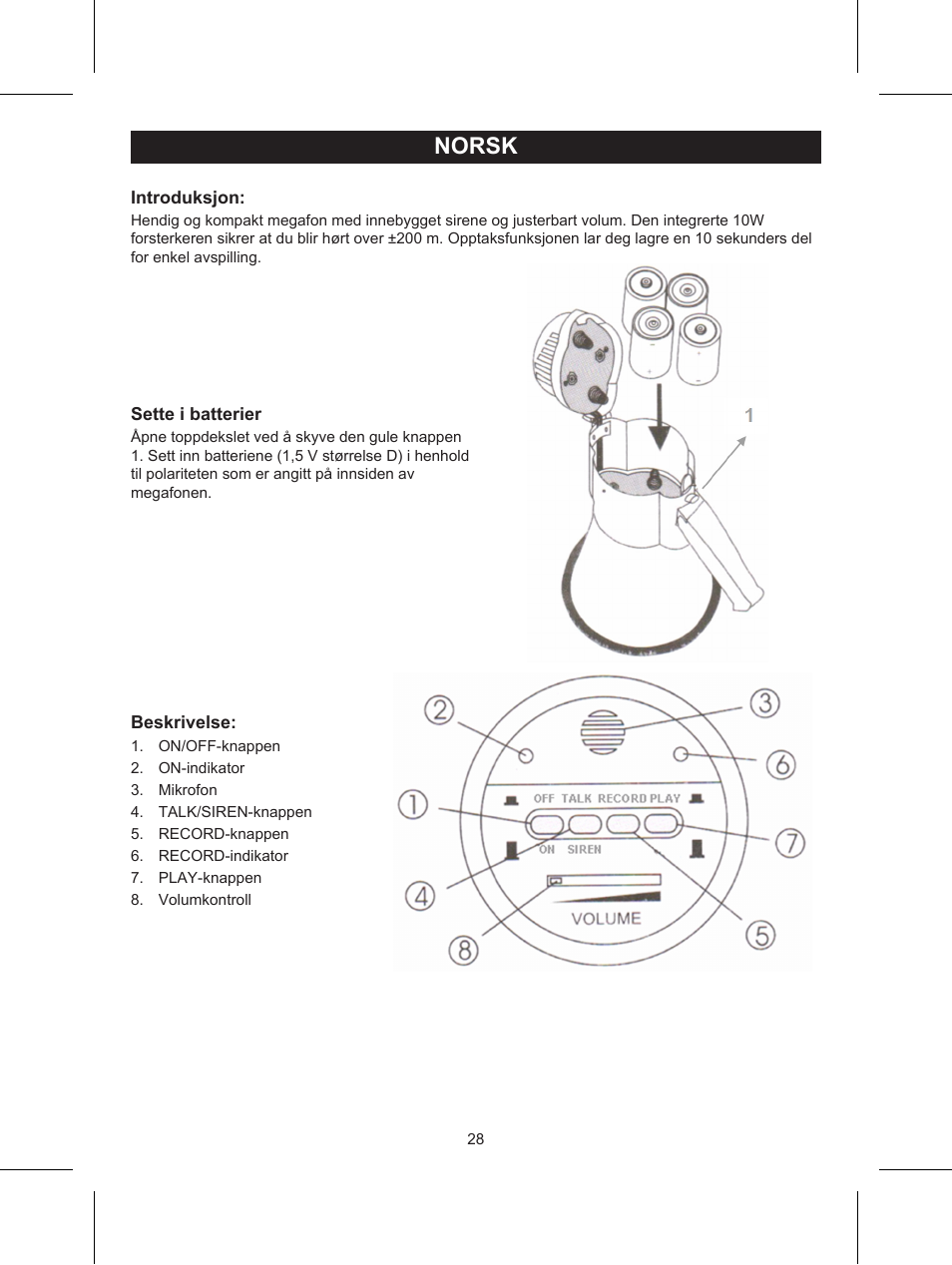 Norsk, Veiledning (p. 28), 10 w megafon | Konig Electronic Wireless RF speakers User Manual | Page 28 / 31