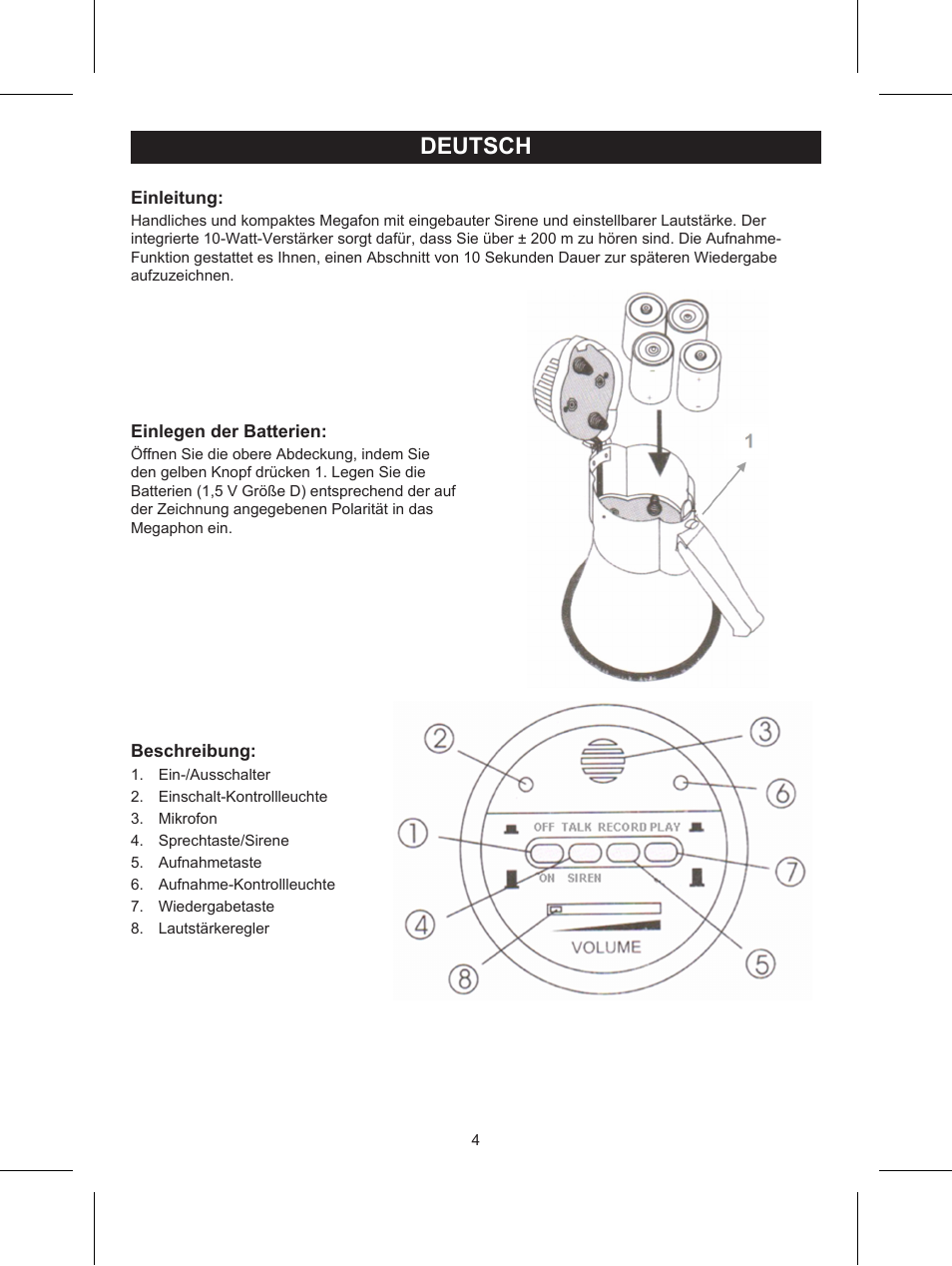 Deutsch, Anleitung (s. 4), 10 watt megafon | Konig Electronic Wireless RF speakers User Manual | Page 4 / 31