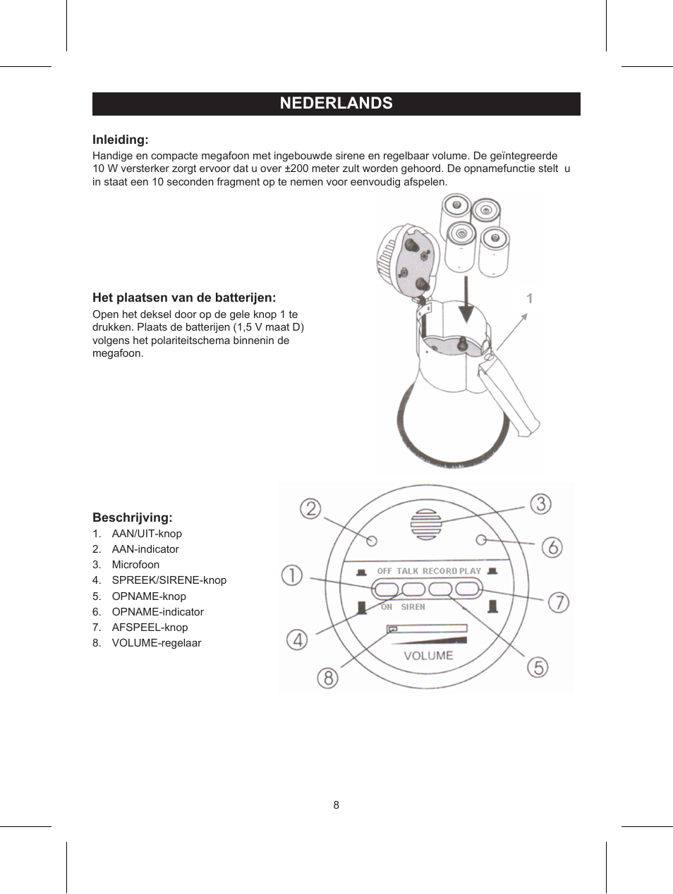 Nederlands, Gebruiksaanwijzing (p. 8), 10 w megafoon | Konig Electronic Wireless RF speakers User Manual | Page 8 / 31