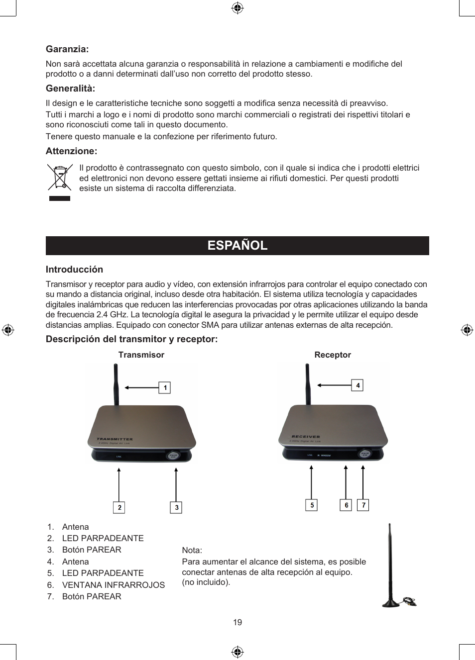 Manual de uso (p. 19), Sistema de audio/video digital, Inalambrico 2.4ghz | Español | Konig Electronic 2.4 GHz digitaal audio / video system User Manual | Page 19 / 52