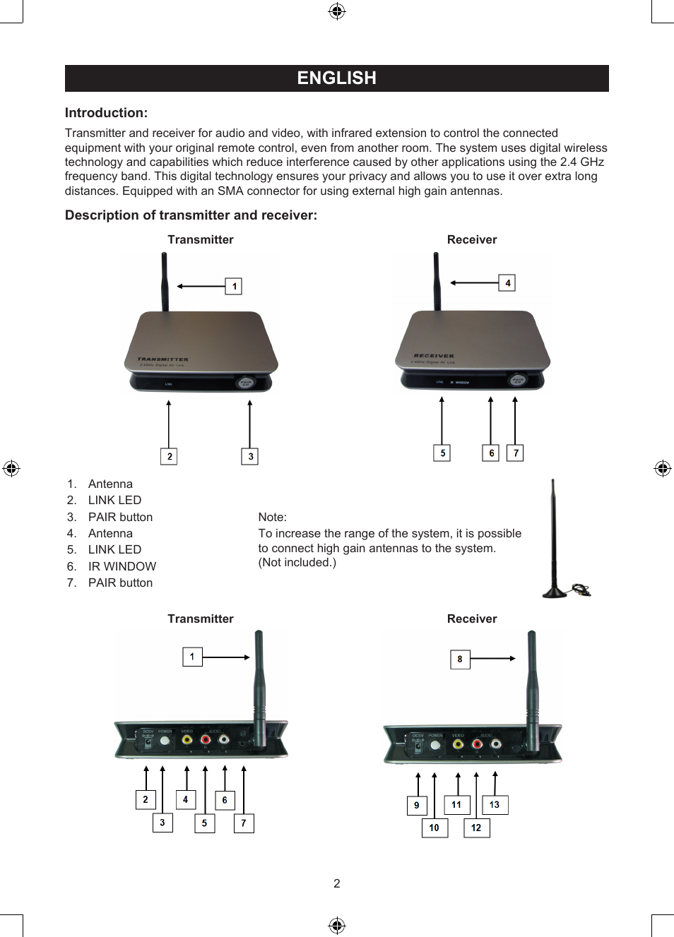 Manual (p. 2), 4ghz wireless digital, Audio/video system | English | Konig Electronic 2.4 GHz digitaal audio / video system User Manual | Page 2 / 52