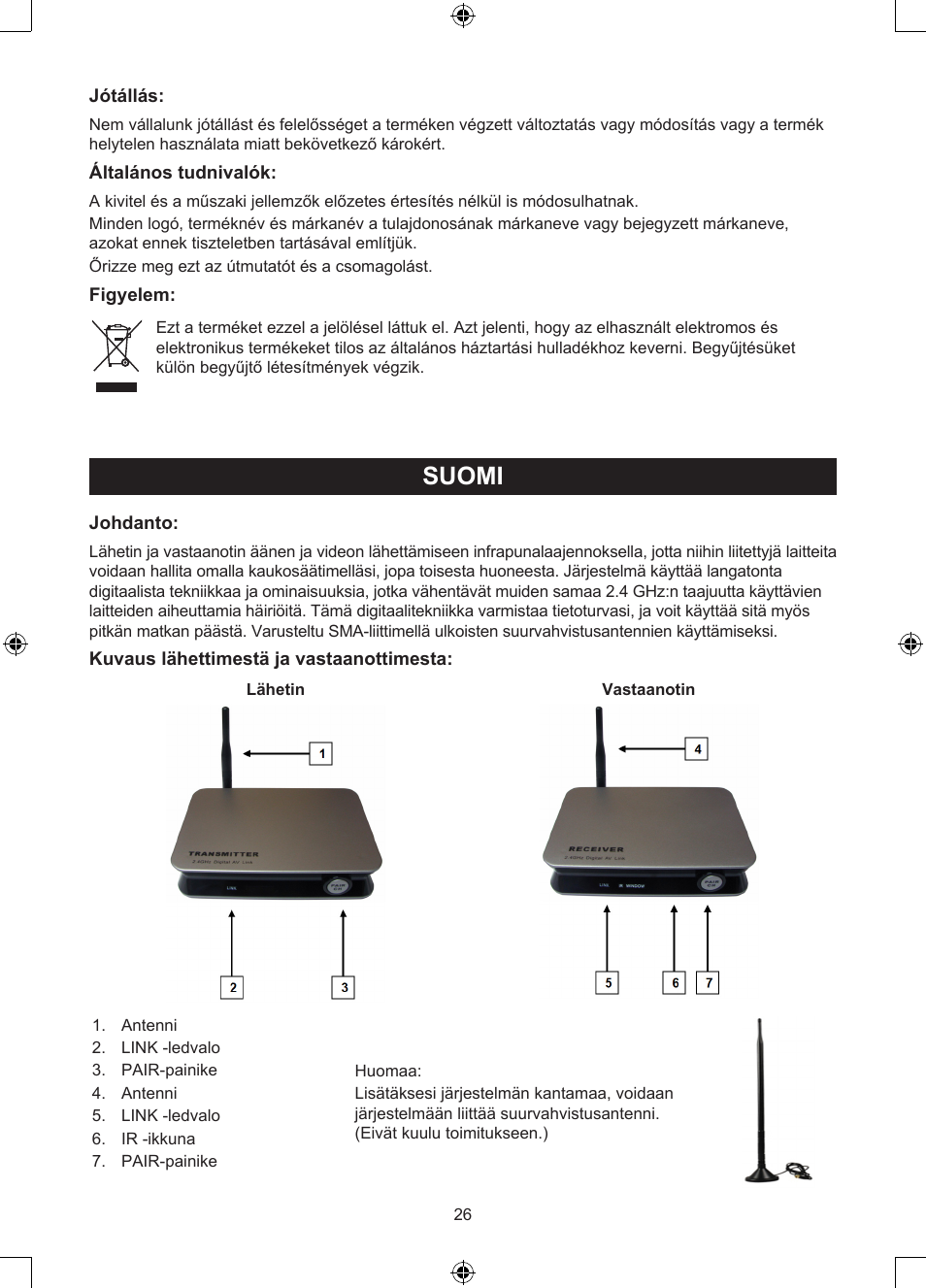 Käyttöohje (s. 26), 4ghz langaton digitaalinen, Audio/video-järjestelmä | Suomi | Konig Electronic 2.4 GHz digitaal audio / video system User Manual | Page 26 / 52