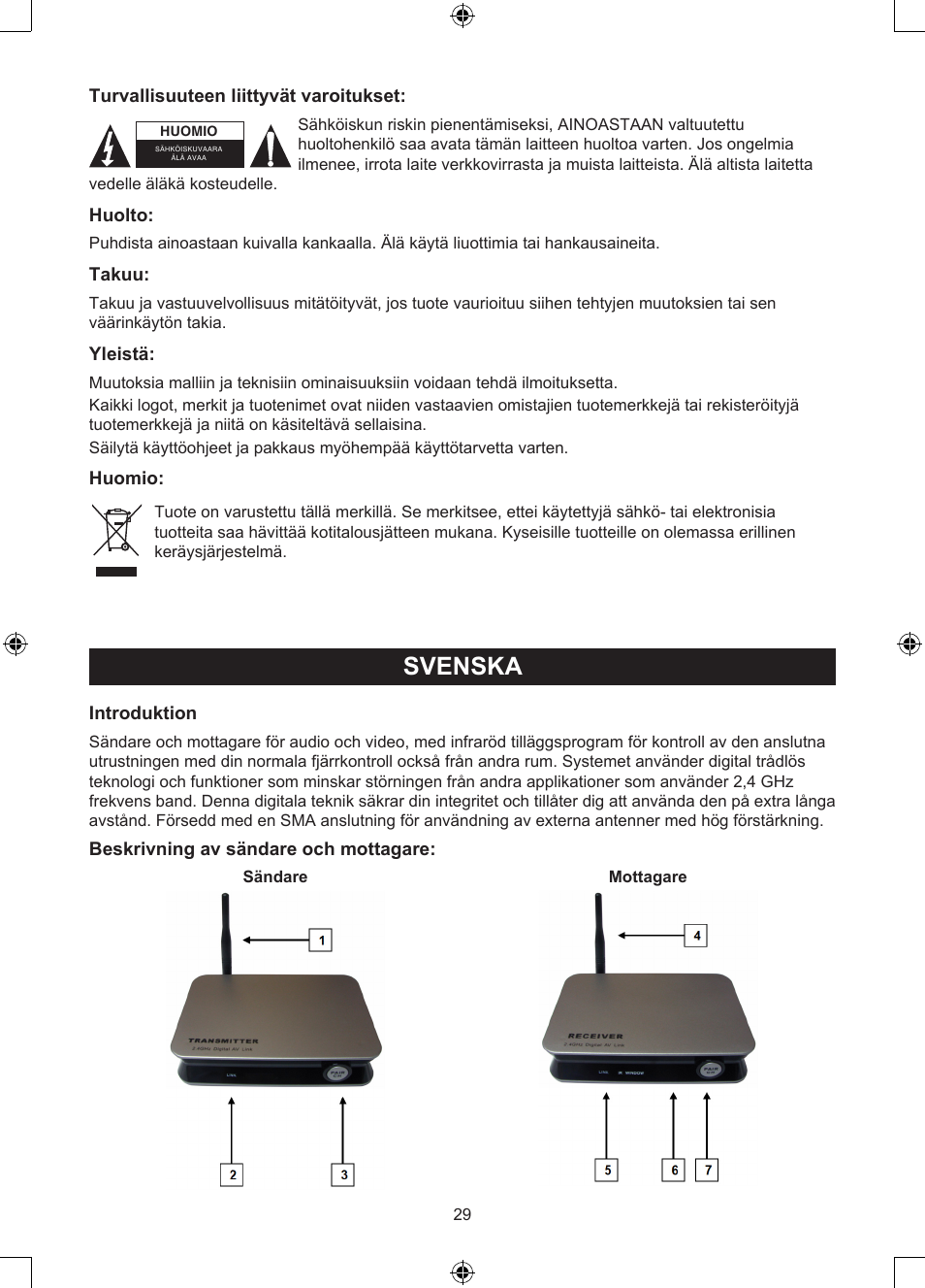 Bruksanvisning (s. 29), 4ghz trådlöst digitalt, Audio/video system | Svenska | Konig Electronic 2.4 GHz digitaal audio / video system User Manual | Page 29 / 52