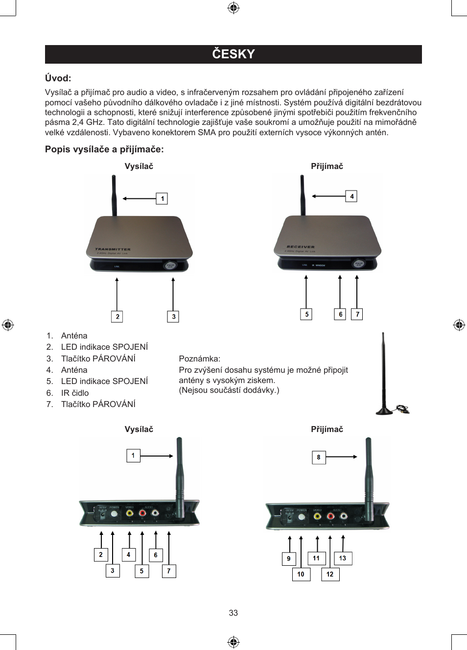 Návod k použití (s. 33), 2,4 ghz bezdrátový digitální, Audio/video systém | Česky | Konig Electronic 2.4 GHz digitaal audio / video system User Manual | Page 33 / 52