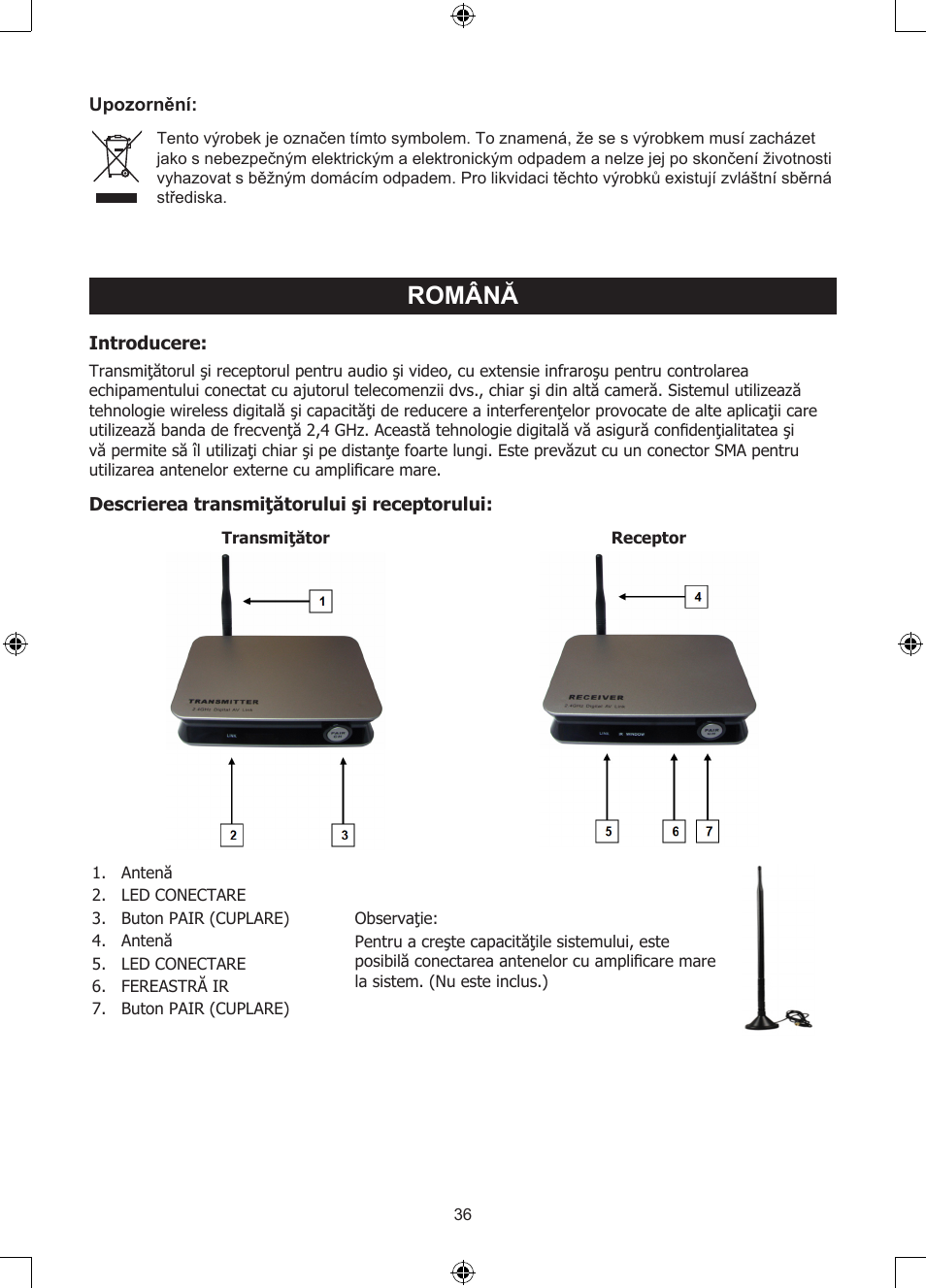 Manual de utilizare (p. 36), Sistem audio/video digital, Wireless 2,4ghz | Română | Konig Electronic 2.4 GHz digitaal audio / video system User Manual | Page 36 / 52