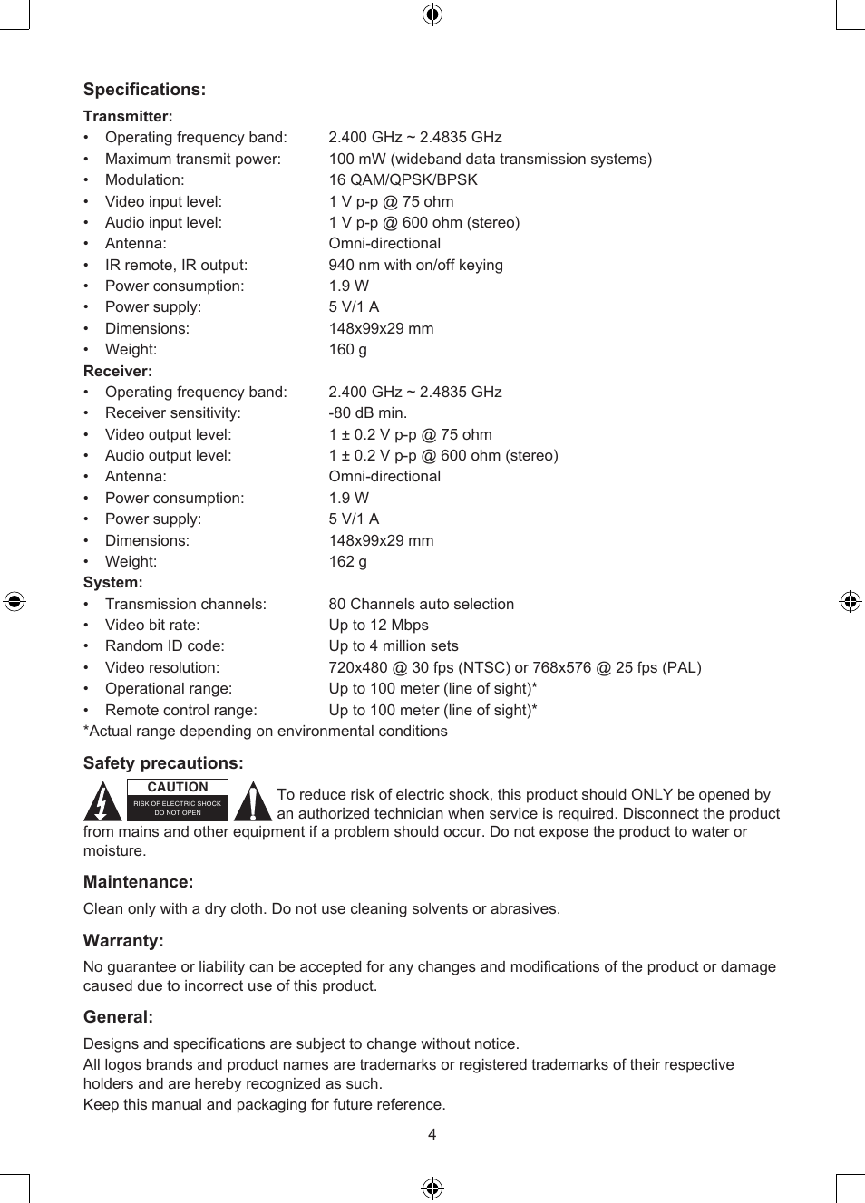 Konig Electronic 2.4 GHz digitaal audio / video system User Manual | Page 4 / 52