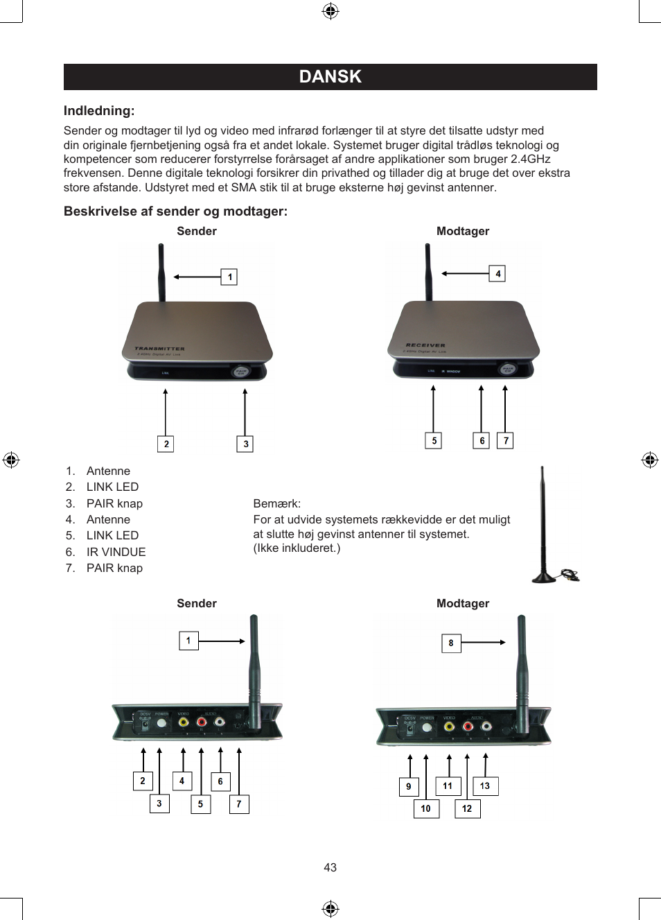 Brugervejledning (p. 43), 4ghz trådløs digital, Audio/video system | Dansk | Konig Electronic 2.4 GHz digitaal audio / video system User Manual | Page 43 / 52