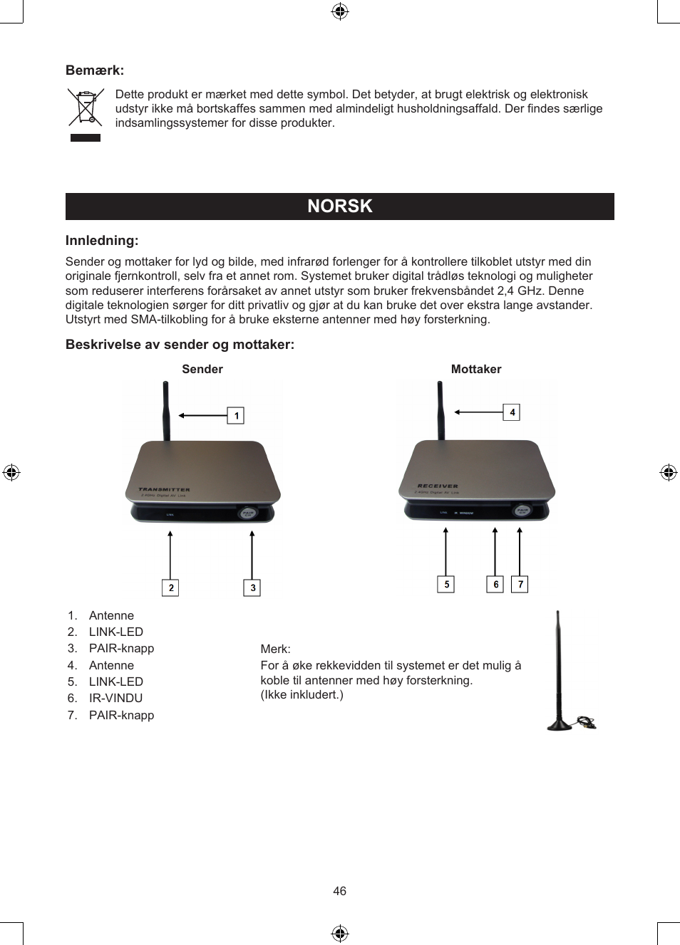 Veiledning (p. 46), 2,4 ghz trådløst digitalt, Audio/video-system | Norsk | Konig Electronic 2.4 GHz digitaal audio / video system User Manual | Page 46 / 52