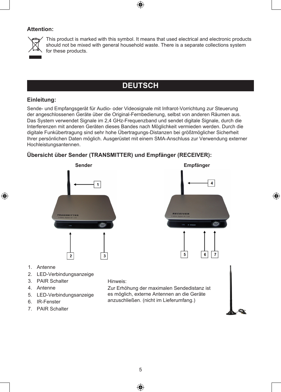 Anleitung (s. 5), 2,4ghz wireless digital, Audio/video system | Deutsch | Konig Electronic 2.4 GHz digitaal audio / video system User Manual | Page 5 / 52