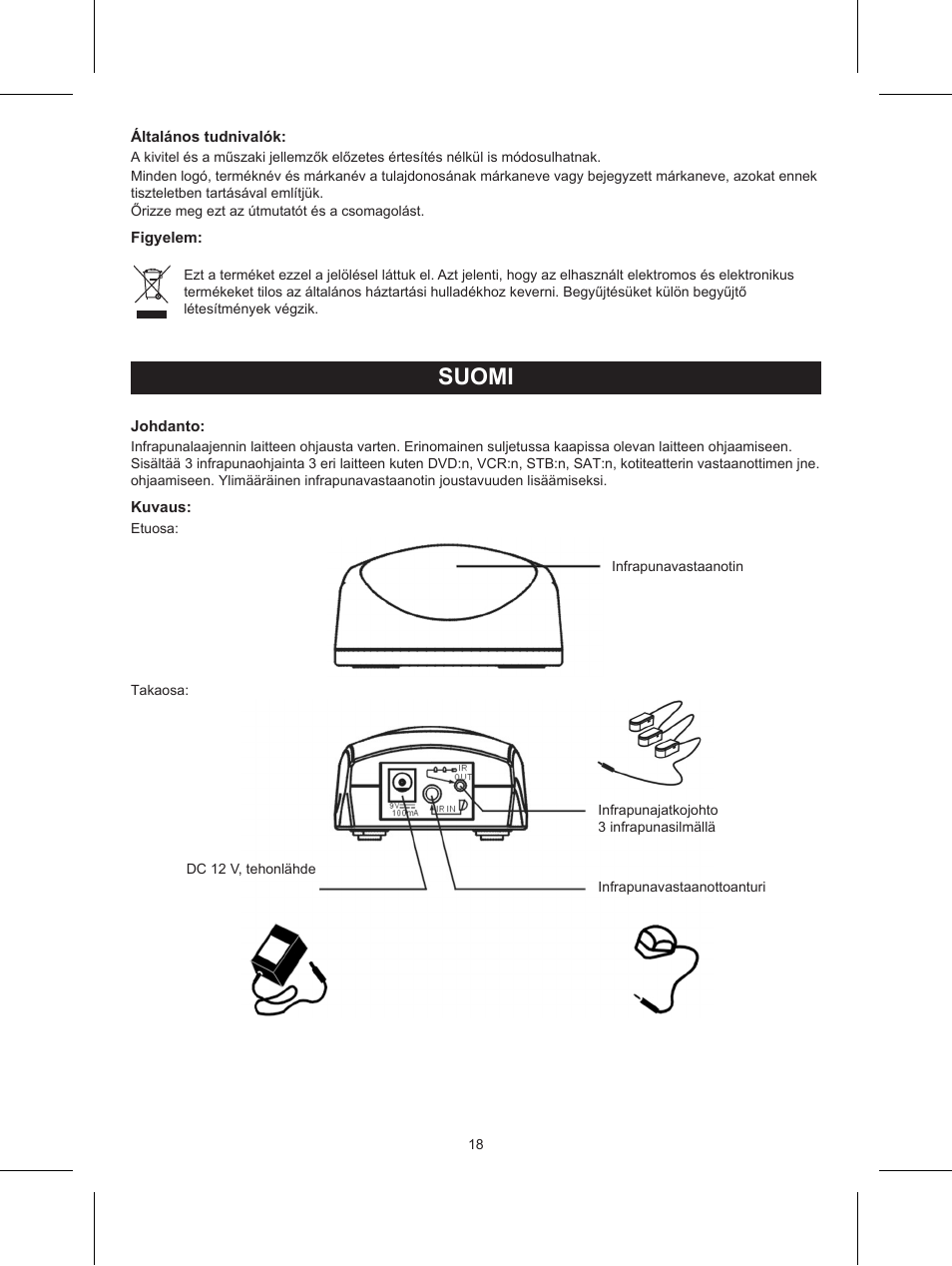 Suomi, Käyttöohje (s. 18), Infrapunalaajennin kaukosäätimelle | Konig Electronic IR remote control extender User Manual | Page 18 / 35