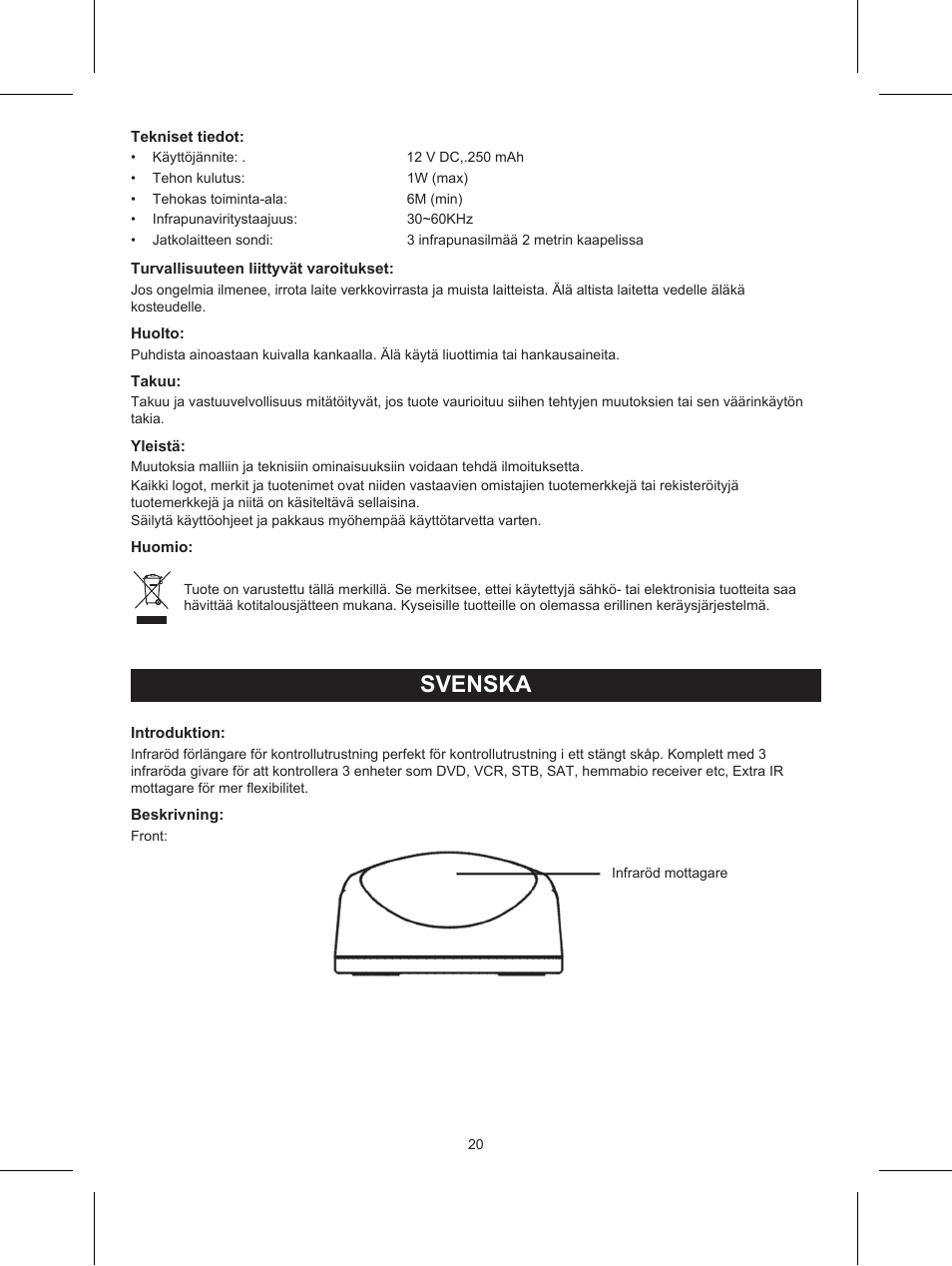 Svenska, Bruksanvisning (s. 20), Ir förlängare | Konig Electronic IR remote control extender User Manual | Page 20 / 35