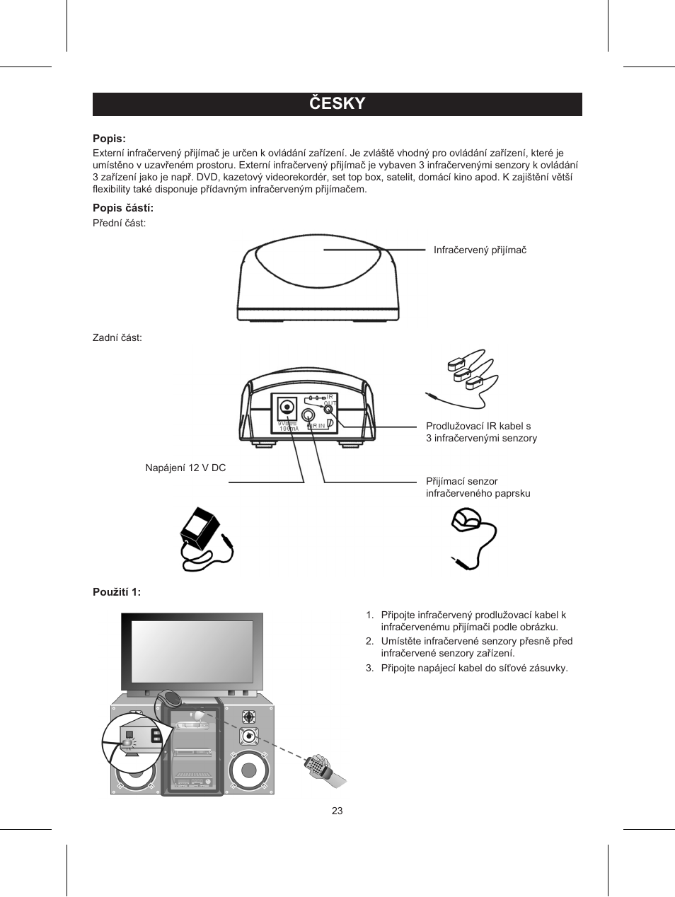 Česky, Návod k použití (s. 23), Externí infračervený přijímač | Konig Electronic IR remote control extender User Manual | Page 23 / 35