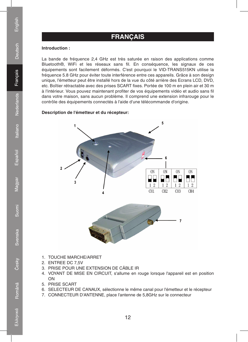 Français | Konig Electronic 5.8 GHz wireless SCART set User Manual | Page 12 / 64