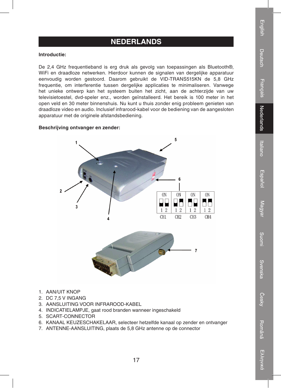 Nederlands | Konig Electronic 5.8 GHz wireless SCART set User Manual | Page 17 / 64