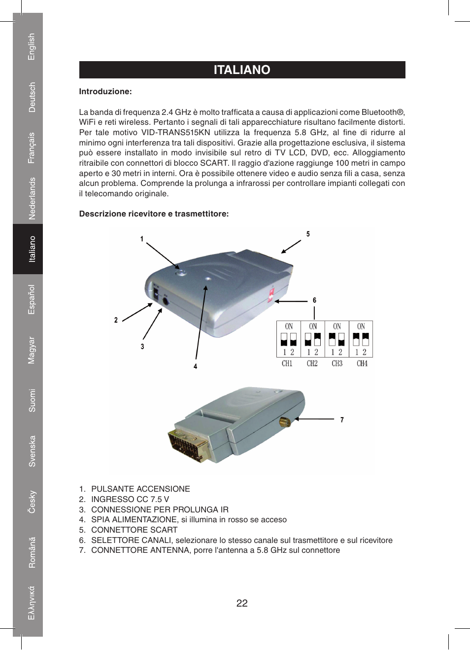 Italiano | Konig Electronic 5.8 GHz wireless SCART set User Manual | Page 22 / 64