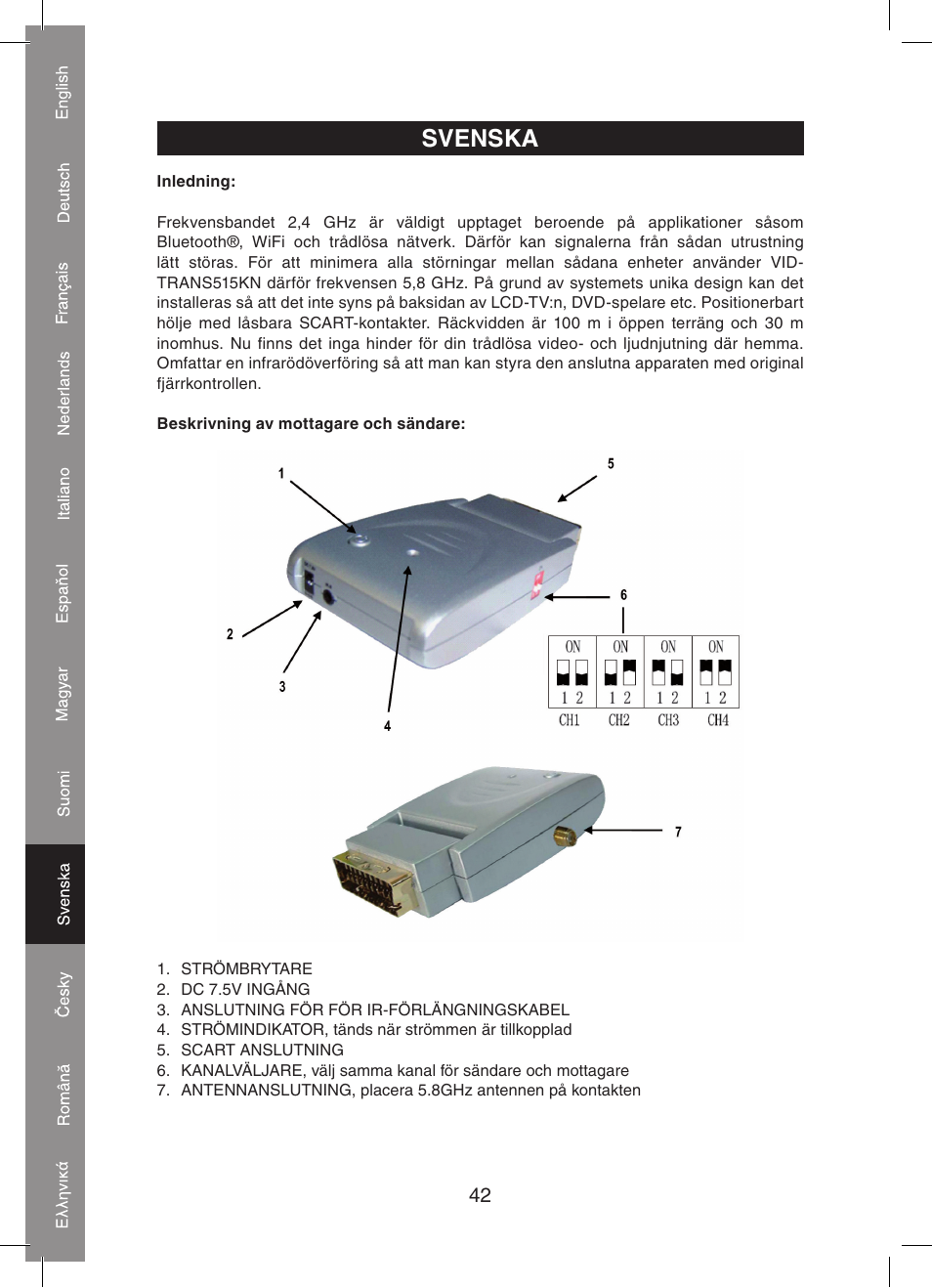 Svenska | Konig Electronic 5.8 GHz wireless SCART set User Manual | Page 42 / 64