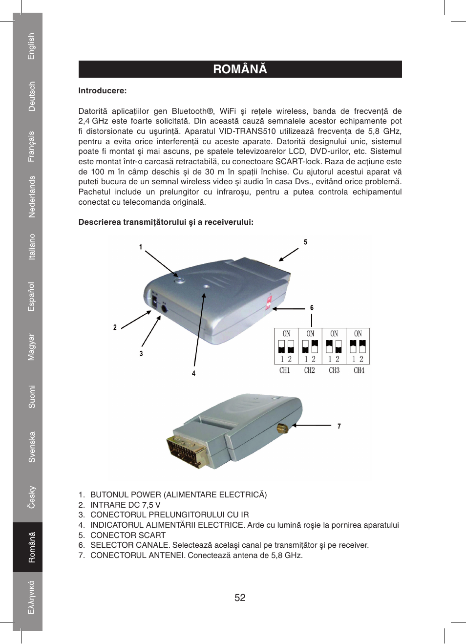 Română | Konig Electronic 5.8 GHz wireless SCART set User Manual | Page 52 / 64