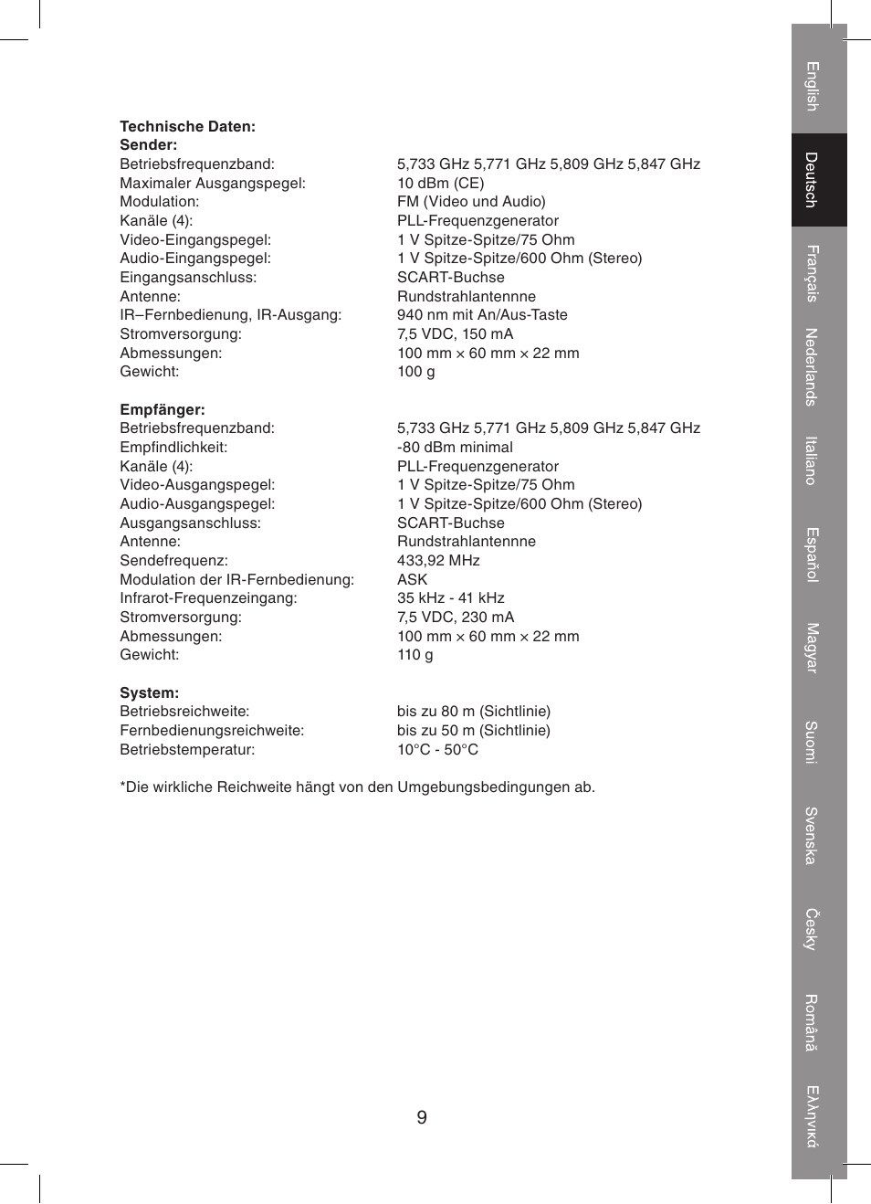Konig Electronic 5.8 GHz wireless SCART set User Manual | Page 9 / 64