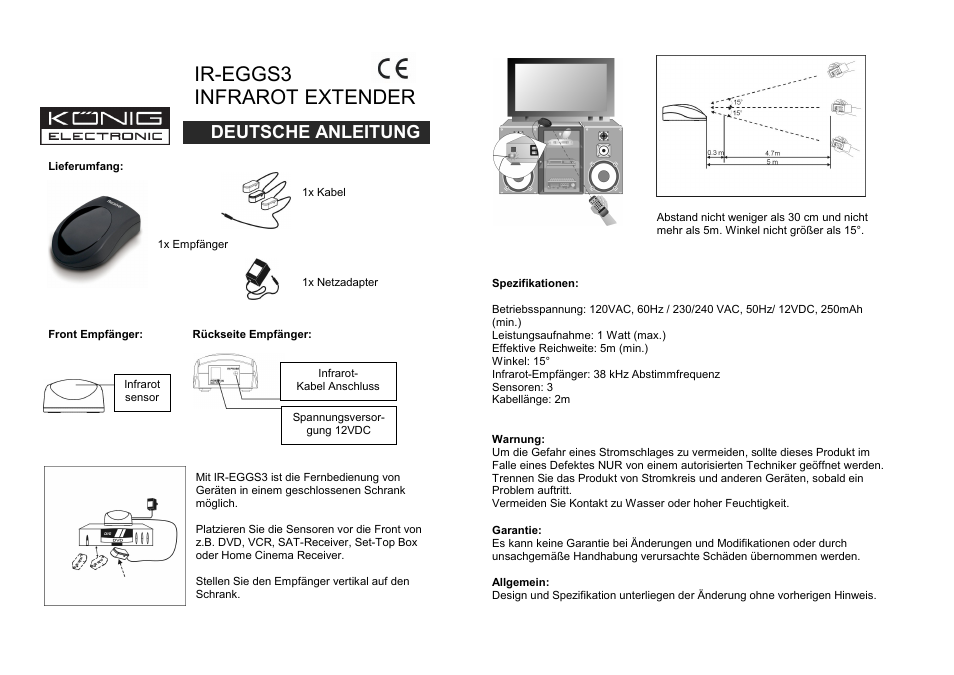 Ir-eggs3, Infrarot extender, Lieferumfang | Front empfänger: rückseite empfänger, Stellen sie den empfänger vertikal auf den schrank, Spezifikationen, Winkel: 15, Warnung, Garantie, Ir-eggs3 infrarot extender | Konig Electronic Infrared remote control extender User Manual | Page 2 / 10