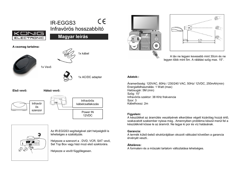 Ir-eggs3 infravörös hosszabbító, Magyar leírás | Konig Electronic Infrared remote control extender User Manual | Page 7 / 10