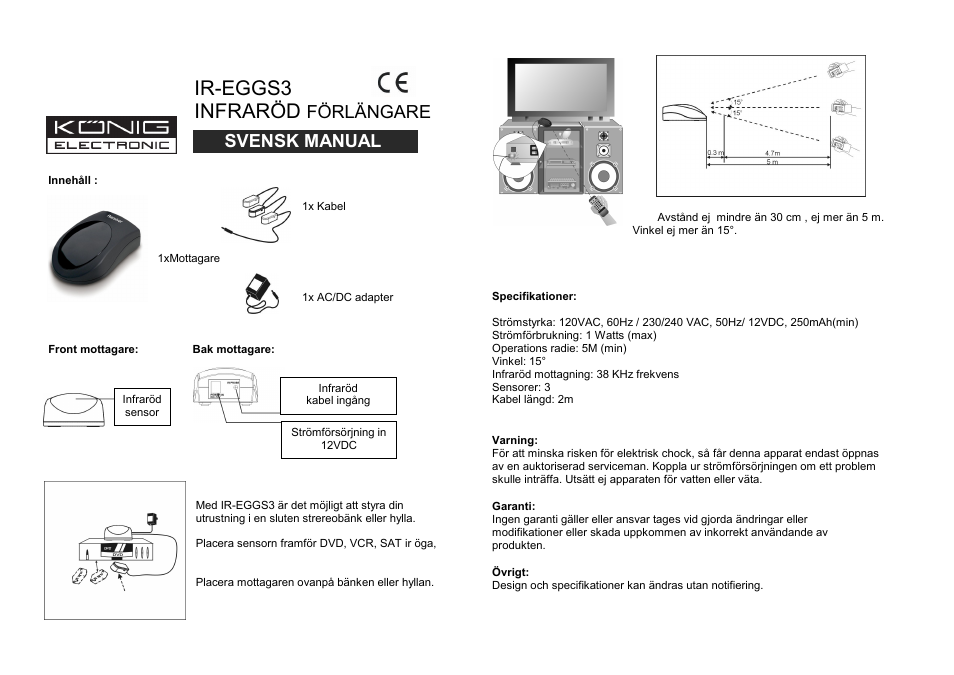 Ir-eggs3 infraröd, Förlängare, Svensk manual | Konig Electronic Infrared remote control extender User Manual | Page 8 / 10