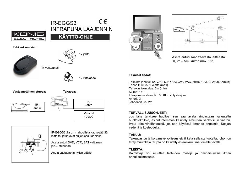 Ir-eggs3 infrapuna laajennin, Käyttö-ohje | Konig Electronic Infrared remote control extender User Manual | Page 9 / 10