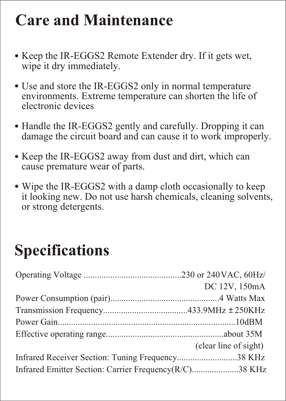 Care and maintenance, Specifications | Konig Electronic Infrared remote control extender User Manual | Page 8 / 8