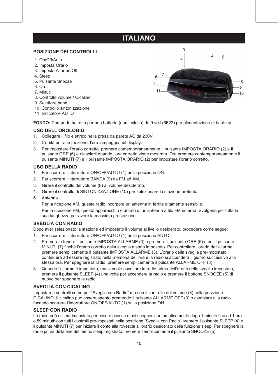 Italiano, Manuale (p. 10), Radiosveglia | Konig Electronic AM/FM clock radio User Manual | Page 10 / 30