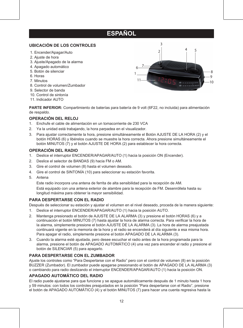 Español, Manual de uso (p. 12), Radio reloj | Konig Electronic AM/FM clock radio User Manual | Page 12 / 30
