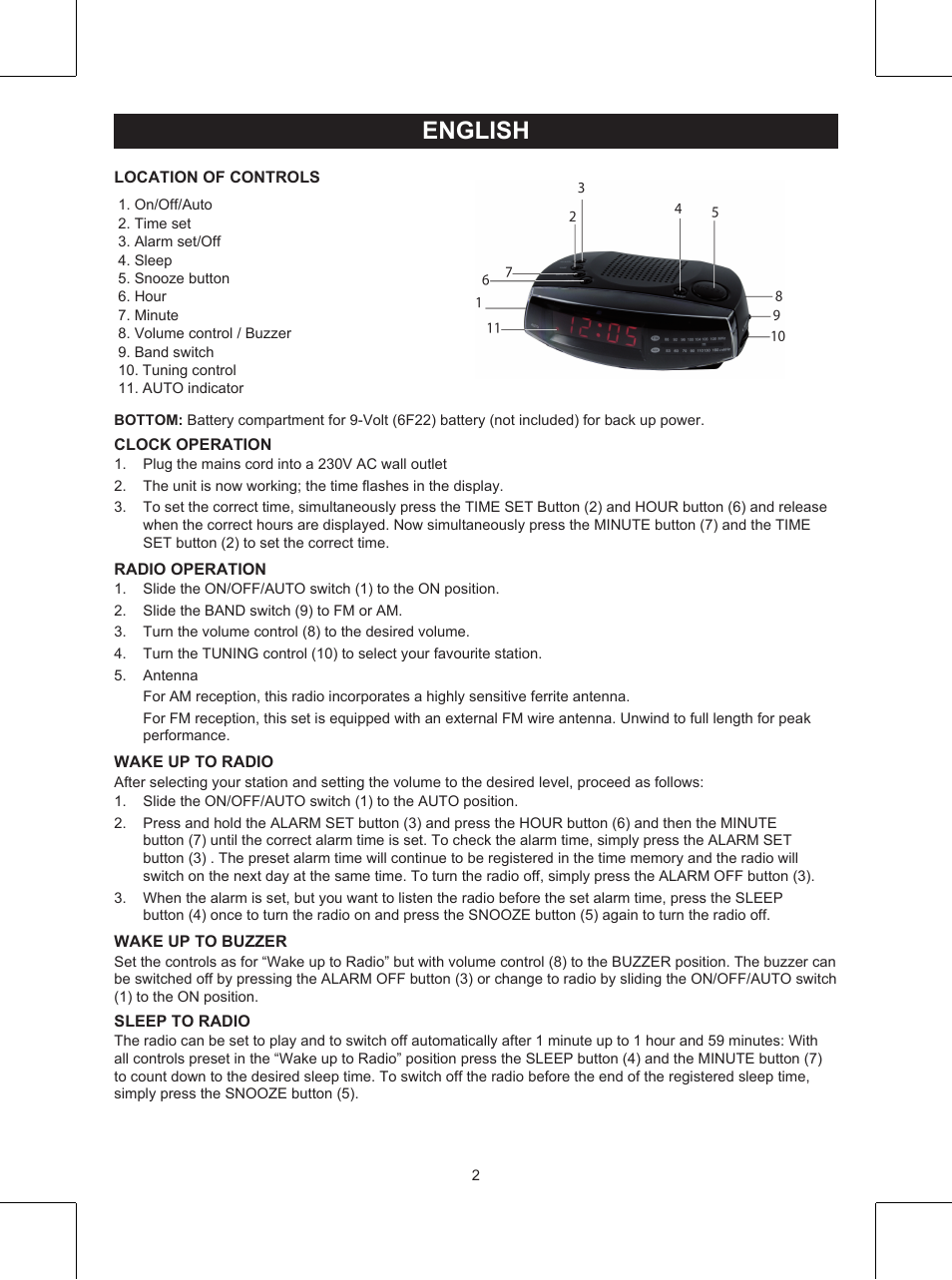 English, Manual (p. 2), Clock radio | Konig Electronic AM/FM clock radio User Manual | Page 2 / 30