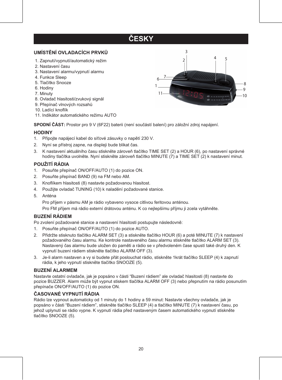 Česky, Návod k použití (s. 20), Rádio s hodinami | Konig Electronic AM/FM clock radio User Manual | Page 20 / 30