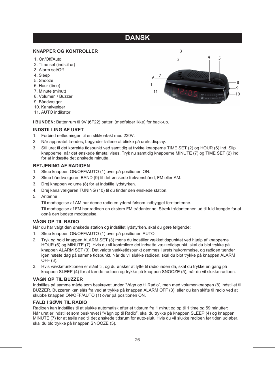 Dansk, Brugervejledning (p. 26), Clock radio | Konig Electronic AM/FM clock radio User Manual | Page 26 / 30