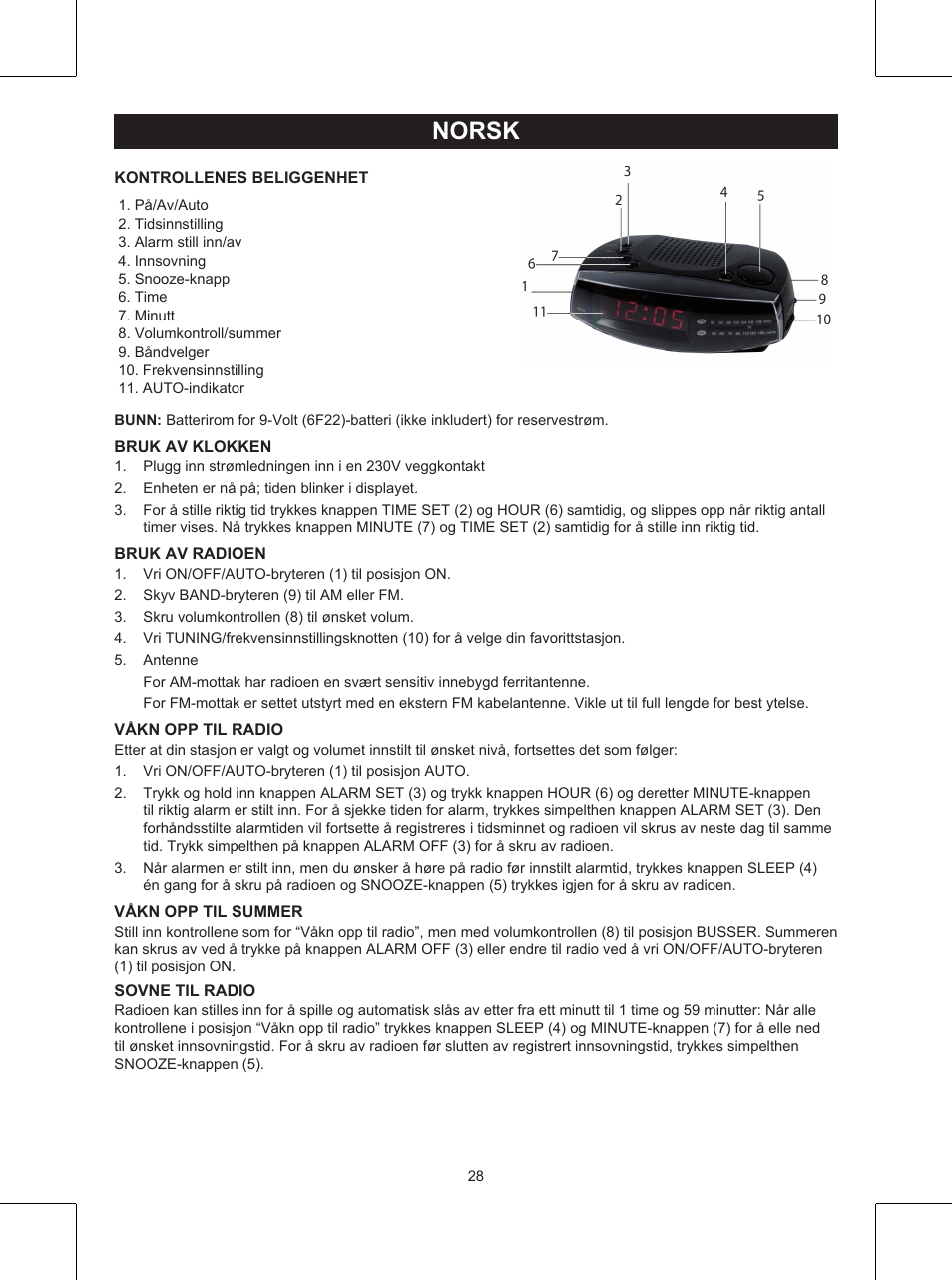 Norsk, Veiledning (σελ. 28), Klokkeradio | Konig Electronic AM/FM clock radio User Manual | Page 28 / 30